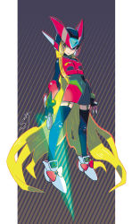 1girl absurdly_long_hair android black_thighhighs bliss_zero_(mega_man) blonde_hair bow breasts capcom dated energy_blade energy_sword eyes_visible_through_hair female_focus fingerless_gloves footwear_bow full_body genderswap genderswap_(mtf) gloves hair_over_one_eye helmet high_heels highres holding holding_weapon inti_creates legs_apart long_hair looking_to_the_side medium_breasts mega_man_(series) mega_man_zero_(series) midnight_bliss miniskirt patterned patterned_background shoes signature skirt solo standing sumomo sword thighhighs translucent_hair very_long_hair weapon white_shoes zero(z)_(mega_man) zero_(mega_man) zettai_ryouiki