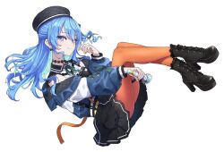 Rule 34 | 1girl, aqua hair, aqua ribbon, belt, beret, black choker, black hat, black skirt, blue eyes, blue hair, blue sleeves, boots, bow, bow earrings, buttons, choker, closed mouth, detached sleeves, earrings, fetal position, floating, full body, hair between eyes, hat, high heel boots, high heels, highres, hololive, hoshimachi suisei, hoshimachi suisei (casual), igo miku, jewelry, lace, lace-up boots, lace choker, long sleeves, miniskirt, multicolored hair, neck ribbon, orange pantyhose, pantyhose, quilted jacket, ribbon, shoelaces, skirt, sleeveless, sleeveless jacket, smile, solo, thigh belt, thigh strap, two-tone hair, white sleeves