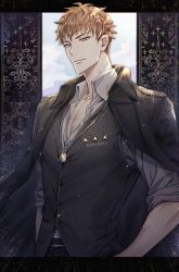 1boy black_background black_jacket black_vest blue_eyes brown_hair busujima_rio_mason dog_tags hand_on_own_hip highres hypnosis_mic jacket kkusako male_focus short_hair solo standing twitter_username vest