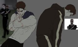 Rule 34 | 1boy, :|, abs, absurdres, afraid of monsters, arm hair, black gloves, black hoodie, blood, blood from forehead, blood on arm, blood on face, brown hair, closed mouth, crossed arms, david leatherhoff, empty eyes, game screenshot inset, gloves, grey background, hands on own shoulders, highres, hood, hoodie, ju-san, male underwear, male underwear peek, multiple views, no shirt, print hoodie, scar, scar on face, short hair, slouching, the addiction (afraid of monsters), toned, toned male, turtleneck, underwear