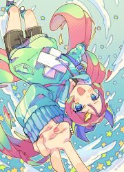 1girl :d black_shorts blue_background blue_eyes blue_socks blush_stickers colorful commentary_request fang green_hoodie hair_ornament highres hood hood_down hoodie long_hair long_sleeves looking_at_viewer notamaru_2 open_mouth original outstretched_arm pink_hair purple_shoes shoes shooting_star_hair_ornament shorts smile socks solo star_(symbol) star_hair_ornament v