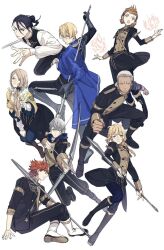 3girls 5boys aiming annette_fantine_dominic aqua_eyes arm_support armored_boots armored_gloves arrow_(projectile) ashe_ubert black_footwear black_skirt black_vest blonde_hair blue_cape blue_eyes blue_hair blue_hood blue_leggings boots bow_(weapon) braid brown_footwear buttoned_cuffs buttons cape chest_belt clenched_hand closed_mouth commentary crossed_legs dark-skinned_male dark_blue_hair dark_skin dedue_molinaro dimitri_alexandre_blaiddyd felix_hugo_fraldarius fire_emblem fire_emblem:_three_houses fourquarter_415 garreg_mach_monastery_uniform gloves gold_trim gold_wrist_cuffs green_eyes grey_hair holding holding_bow_(weapon) holding_polearm holding_sword holding_weapon hood hood_down ingrid_brandl_galatea layered_clothes leggings long_sleeves looking_at_viewer looking_to_the_side magic mercedes_von_martritz multiple_boys multiple_girls nintendo open_mouth orange_hair outstretched_arms outstretched_hand pants polearm ponytail shawl shirt short_hair short_ponytail side_braid sideways_glance simple_background single_braid sitting skirt sleeves_rolled_up spear sword sylvain_jose_gautier tassel vest weapon white_background white_footwear white_hair white_shirt wrist_cuffs yellow_shawl