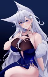 Rule 34 | 1girl, absurdres, alternate costume, animal ear fluff, animal ears, azur lane, bare shoulders, blue background, blue eyes, breasts, collarbone, flower, grey hair, hair flower, hair ornament, hand on own chest, highres, jewelry, large breasts, long hair, nanako94418108, ring, shinano (azur lane), simple background, solo, very long hair, wedding ring