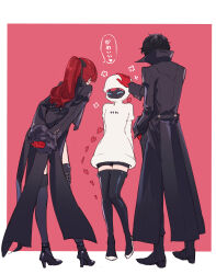 1boy 2girls absurdres amamiya_ren black_hair border closed_eyes gloves headpat high_heels highres hood hoodie jacket joker_(persona_5) long_hair long_sleeves multiple_girls persona persona_5 popped_collar red_hair sophia_(p5s) tagme thighhighs tsubsa_syaoin violet_(persona_5) white_border white_hoodie white_jacket yoshizawa_kasumi