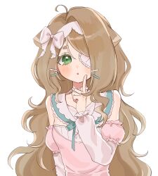 1girl :o ahoge animal_ears aqua_collar aqua_ribbon arm_at_side bare_shoulders borrowed_character bow breasts brown_hair choker colored_eyelashes commission curtained_hair detached_sleeves dot_nose drawn_whiskers eyepatch finger_to_cheek green_eyes hair_bow hand_up layered_sleeves long_hair long_sleeves looking_ahead mrsnanapple neck_ribbon original parted_lips pink_shirt puffy_detached_sleeves puffy_sleeves ribbon second-party_source shirt short_eyebrows side_part simple_background skeb_commission small_breasts solo tachi-e unkempt upper_body wavy_hair white_background white_bow white_choker white_sleeves