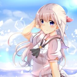 1girl absurdres arm_at_side ascot black_ascot blue_sky blush closed_mouth commentary_request day eyelashes floating_hair from_side hair_behind_ear hair_between_eyes hair_ornament hair_ribbon hairclip hand_up highres lens_flare long_hair looking_at_viewer naruse_shiroha ocean outdoors parallel_hairclips pink_ribbon puffy_short_sleeves puffy_sleeves ribbon sailor_collar school_uniform serafuku shinonome_mozuku shirt short_sleeves skirt sky smile solo split_mouth summer_pockets summer_pockets_school_uniform tareme upper_body very_long_hair white_hair white_sailor_collar white_serafuku white_shirt white_skirt