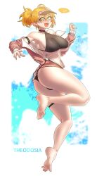 Rule 34 | absurdres, barefoot, bikini, bikini under clothes, blonde hair, blush, breasts, embarrassed, feet, gintm, green eyes, heart, heart o-ring, highres, large breasts, motion blur, o-ring, off shoulder, open mouth, outside border, pointy ears, ponytail, short ponytail, soles, spread toes, swimsuit, toes, visor cap, wardrobe malfunction