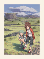 1boy 1girl absurdres belt belt_pouch black_pants blue_eyes blue_sky boots border brown_hair bush cargo_pants closed_mouth cloud commentary_request cumulonimbus_cloud cumulonimbus_incus day dress eureka_(eureka_seven) eureka_seven eureka_seven_(series) geng99161 grass green_hair grey_belt hair_ornament hairclip high_tops highres jacket knee_boots leaning_forward long_sleeves looking_down looking_to_the_side mountain outdoors pants pants_rolled_up pouch raglan_sleeves red_eyes red_sleeves renton_thurston rock shoes short_hair sky sleeves_past_wrists smile sneakers squatting standing thigh_pouch thigh_strap tree white_border white_dress white_footwear white_jacket
