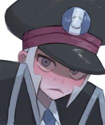1boy black_coat black_hat blue_necktie blush coat collared_shirt creatures_(company) frown game_freak grey_eyes grey_hair hashtag-only_commentary hat high_collar ingo_(pokemon) looking_at_viewer male_focus necktie nintendo open_mouth peaked_cap pokemon pokemon_bw rinrinohoukai shaded_face shirt short_hair sideburns solo sweat white_shirt