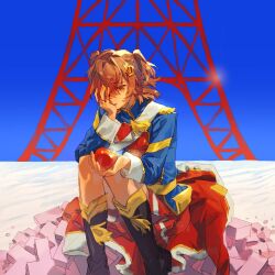 1girl aijou_karen black_boots blue_background blue_jacket boots brown_eyes brown_hair crown_hair_ornament epaulettes feet_out_of_frame food fur-trimmed_jacket fur_trim gold_trim hair_over_one_eye hand_on_own_face hand_up hashtag-only_commentary highres holding holding_food jacket long_sleeves looking_down miniskirt one_eye_covered parted_lips pleated_skirt red_jacket red_skirt sash short_hair short_twintails shoujo_kageki_revue_starlight shoulder_sash single_horizontal_stripe sitting sitting_on_object skirt solo striped_clothes striped_skirt tassel tokyo_tower tomato twintails two_side_up unworn_jacket white_sash xianzhaosketch