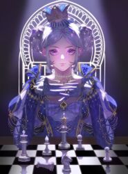 1girl bead_choker beads black_background chess_piece chessboard chinese_commentary choker closed_mouth collared_dress commentary_request crown double_bun dress elbows_on_table expressionless eyelashes fishnets gloves glowing glowing_eyes grey_hair hair_beads hair_bun hair_ornament high_collar highres infinity_nikki interlocked_fingers juliet_sleeves lipstick long_sleeves looking_at_viewer makeup mini_crown nikki_(series) on_chair own_hands_together pink_lips puffy_sleeves purple_dress purple_eyes purple_gloves queen short_hair sitting sleeves_past_wrists solo spotlight square_neckline the_queen&#039;s_move_(infinity_nikki) tuilihuanghoulingmuyuanzi upper_body white_choker white_crown