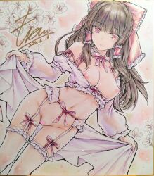 1girl absurdres alternate_costume blush bow bowtie breasts censored cherry_blossoms commentary_request dated female_pubic_hair flower frilled_bow frilled_hair_tubes frilled_thigh_strap frills garter_belt hair_bow hair_tubes hakurei_reimu heart heart_censor highres large_breasts lingerie long_hair long_sleeves looking_at_viewer monety navel nipples open_mouth pink_bow pink_bowtie pink_eyes pink_flower pubic_hair red_bow shikishi signature solo thigh_strap touhou traditional_media underwear