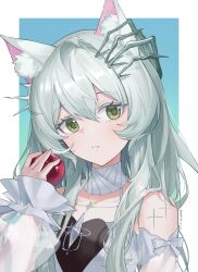 Rule 34 | 1girl, absurdres, animal ear fluff, animal ears, apple, arknights, bare shoulders, blue background, border, chinese commentary, colored eyelashes, commentary request, dated, food, fruit, gradient background, green background, green eyes, grey hair, hair between eyes, hair ornament, highres, holding, holding food, holding fruit, long hair, looking at viewer, outside border, parted lips, rosmontis (arknights), sleeves past wrists, solo, upper body, white border, wumimiao