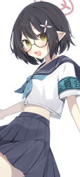 1girl :d absurdres armband ayane_(blue_archive) black-framed_eyewear black_hair blue_archive blue_armband blue_neckerchief blue_sailor_collar blue_skirt blush collared_shirt commentary_request glasses hair_ornament halo hanasaki_rin highres neckerchief open_mouth pleated_skirt pointy_ears red_halo round_eyewear sailor_collar school_uniform serafuku shirt simple_background skirt smile solo tongue white_background white_shirt yellow_eyes yellow_halo