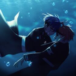 2boys ahoge air_bubble armband black_skirt blue_background blue_hair bubble closed_eyes ear_piercing earrings gradient_background hands_on_another&#039;s_face hands_on_another&#039;s_head jewelry last_defense_academy_school_uniform long_sleeves looking_at_another looking_down male_focus messy_hair multicolored_hair multiple_boys omokage_yugamu piercing red_hair simple_background skirt streaked_hair sumino_takumi the_hundred_line_-last_defense_academy- underwear yaoi