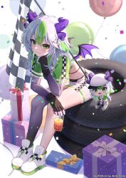 Rule 34 | 1girl, apricot the lich, apricot the lich (race queen), ardenlolo, balloon, bikini, bikini under clothes, birthday, black bikini, character doll, demon girl, demon horns, demon wings, gift, gloves, gradient thighhighs, green eyes, green hair, happy birthday, highres, horn piercing, horns, multicolored hair, race queen, shrug (clothing), single thighhigh, streaked hair, swimsuit, thighhighs, unused tire, virtual youtuber, vshojo, white shrug, wings