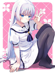 1girl akayama_yukihe arm_at_side ascot black_ascot black_pantyhose blue_eyes blunt_ends blush border closed_mouth commentary_request feet from_side frown full_body hair_between_eyes hair_ribbon hand_up highres knees_up long_hair looking_at_viewer miniskirt naruse_shiroha no_shoes ok_sign on_bed pantyhose pink_background pink_ribbon puffy_short_sleeves puffy_sleeves ribbon sailor_collar school_uniform serafuku shirt short_sleeves sidelocks simple_background sitting skirt solo straight_hair summer_pockets summer_pockets_school_uniform toes very_long_hair white_border white_hair white_ribbon white_sailor_collar white_serafuku white_shirt white_skirt