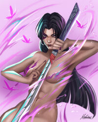 1girl absurdres black_hair breasts convenient_censoring highres holding holding_sword holding_weapon large_breasts long_hair looking_at_viewer marvel marvel_rivals nikola_(nikkotari) nude psylocke psylocke_(vengeance) purple_eyes solo sword weapon x-men