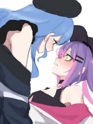 Rule 34 | 2girls, ayeon, black hat, black jacket, black shirt, blue hair, blush, eye contact, green eyes, hat, highres, hololive, hoshimachi suisei, jacket, long hair, looking at another, multiple girls, off shoulder, parted lips, purple hair, shirt, simple background, tokoyami towa, twintails, virtual youtuber, white background, white jacket, yuri