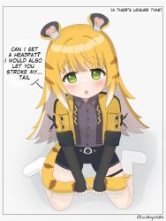 1girl :o absurdres animal_ear_fluff animal_ears black_gloves cahyo colored_inner_hair english_text full_body gloves highres jacket ju_fufu looking_at_viewer multicolored_hair open_mouth sitting solo tagme tail teeth tiger_ears tiger_girl tiger_tail twitter_username upper_teeth_only wariza zenless_zone_zero