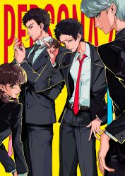 Rule 34 | 1girl, 3boys, absurdres, adachi tooru, adam&#039;s apple, beard stubble, belt, belt buckle, black hair, black jacket, black necktie, black pants, black suit, blue necktie, bow, brown belt, brown eyes, brown hair, buckle, business suit, buttons, chinese commentary, cigarette, closed mouth, collared shirt, commentary, copyright name, cousins, doujima nanako, doujima ryoutarou, dress pants, dress shirt, facial hair, father and daughter, feet out of frame, formal clothes, furrowed brow, grey eyes, grey hair, grin, gun, hair bow, hand up, handgun, hands up, highres, holding, holding gun, holding lighter, holding weapon, jacket, lapels, leaning forward, lighter, lighting cigarette, looking at viewer, looking to the side, low twintails, multiple boys, multiple hair bows, mustache stubble, narukami yu, necktie, notched lapels, open clothes, open jacket, pants, persona, persona 4, pink bow, pink necktie, qieman (wopei518), red necktie, revolver, shirt, shirt tucked in, short hair, short twintails, smile, standing, stubble, suit, suit jacket, twintails, watch, weapon, white shirt, wing collar, wristwatch, yellow background