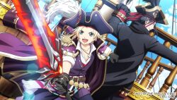 2boys :d back-to-back belt bicorne black_coat black_gloves black_hair blonde_hair blue_eyes cape coat company_name copyright_notice day epaulettes feathers fighting_stance gloves glowing glowing_sword glowing_weapon hat hat_feather highres holding holding_sword holding_weapon jacket jewelry kanata_hjuger looking_at_viewer male_focus multiple_boys necklace official_art open_mouth outdoors pants pirate pirate_hat ship shirt short_hair short_sleeves sky smile sword tales_of_(series) tales_of_crestoria tales_of_the_rays vicious_(tales) watercraft weapon