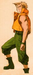 1boy absurdres bengus blonde_hair brown_eyes capcom charlie_nash game_cg glasses highres jacket marvel marvel_vs._capcom marvel_vs._capcom_2 muscular muscular_male non-web_source official_art scan simple_background sleeveless solo street_fighter vest