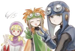 1980s_(style) 1girl 2boys :d blonde_hair blue_eyes blue_tunic cape closed_eyes dragon_quest dragon_quest_ii dress gloves goggles goggles_on_headwear highres hood long_hair multiple_boys nogo_(nogo_059) oldschool open_mouth prince prince_of_lorasia prince_of_samantoria princess princess_of_moonbrook purple_hood robe smile tunic v