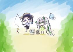 1boy 1girl alternate_costume black_hair black_shorts blue_sleeves blunt_ends blush bright_pupils brown_hat bucket butterfly_net cage casual closed_mouth contemporary cross-shaped_pupils dress dry_eyes eyelashes fishing_rod floating genshin_impact green_dress green_eyes green_hair hair_between_eyes hair_ornament hand_net hand_up hat holding holding_butterfly_net holding_fishing_rod layered_sleeves leaf leaf_hair_ornament levitation long_hair multicolored_hair nahida_(genshin_impact) outdoors outstretched_arm purple_eyes scaramouche_(genshin_impact) shirt short_sleeves shorts side_ponytail sidelocks sketch sleeveless sleeveless_dress smile socks standing streaked_hair sun_hat symbol-shaped_pupils very_long_hair wanderer_(genshin_impact) watercolor_effect white_hair white_pupils white_shirt white_sleeves white_socks