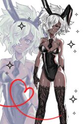 1girl animal_ears big_hair black_gloves black_hairband black_necktie black_thighhighs blush breasts cez commentary dark-skinned_female dark_skin english_commentary fake_animal_ears feet_out_of_frame fingerless_gloves furrowed_brow gloves hair_over_one_eye hairband heart highres lace lace_gloves lace_thighhighs leotard looking_at_viewer medium_breasts necktie no_more_heroes one_eye_covered playboy_bunny rabbit_ears red_eyes shinobu_jacobs short_hair short_necktie solo sparkle thighhighs white_background white_hair white_lips zoom_layer