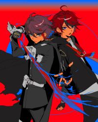 2boys ahoge armband back-to-back belt belt_pouch black_collar black_gloves black_jacket black_streaks blue_background blue_eyes blue_fire brown_hair character_request collar copyright_request cosplay costume_switch cowboy_shot eyeshadow fingerless_gloves fire flaming_weapon gakuran gloves highres holding holding_sword holding_weapon jacket last_defense_academy_school_uniform looking_at_viewer makeup male_focus mint1618680 multicolored_hair multiple_boys pouch red_background red_eyeshadow red_hair red_streaks school_uniform shirt short_hair simple_background streaked_hair sumino_takumi sword the_hundred_line_-last_defense_academy- two-tone_background weapon white_armband white_gloves white_shirt