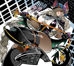 1girl 2others animal animal_ear_fluff animal_ears ankle_belt bat_(animal) bat_ears bat_girl bat_wings belt black_boots black_capelet black_choker black_gloves black_wings blue_hat boots braid breasts buckle buttons capelet choker covered_erect_nipples cross demon_tail fingernails foot_out_of_frame four-pointed_star from_below gloves gold_buttons green_wings grey_hair hair_over_one_eye hat high_heel_boots high_heels holding holding_whip huge_breasts kafun long_hair looking_at_viewer looking_down low_wings multicolored_wings multiple_others narrow_waist orange_belt original peaked_cap prison_cell purple_ears sharp_fingernails shirt shoe_soles skindentation solo_focus standing standing_on_one_leg star_(symbol) tail taut_clothes taut_shirt thigh_boots thigh_strap underbust whip white_shirt wings zipper