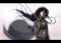 Rule 34 | 1girl, banchou, bandages, beelzebub (manga), black hair, bokken, bousouzoku, coat, delinquent, female focus, jacket, kunieda aoi, long coat, long hair, looking at viewer, midriff, mioya arata, navel, pants, sarashi, solo, sword, tokkoufuku, weapon, wooden sword