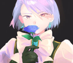1girl ace_attorney black_gloves blue_flower blue_hair blue_rose bow bowtie chanramu earrings flower formal_clothes franziska_von_karma gloves jewelry rose short_hair solo solo_focus white_bow white_bowtie