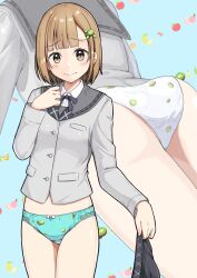 1girl absurdres aqua_panties ass blue_background blunt_ends blush bow bow_panties breasts brown_eyes brown_hair buttons closed_mouth collared_shirt commentary_request commission cowboy_shot crotch_seam dress_shirt embarrassed food-themed_hair_ornament food_print fruit_background fruit_print grey_jacket grey_ribbon grey_sailor_collar grey_skirt hair_ornament hand_up highres holding holding_unworn_clothes holding_unworn_skirt jacket lace lace-trimmed_panties lace_trim large_variant_set lime_hair_ornament lime_print long_sleeves looking_at_viewer medium_hair multiple_views neck_ribbon negimiso1989 no_pants original panties pixiv_commission pleated_skirt raised_inner_eyebrows ribbon sailor_collar school_uniform serafuku shirt skirt small_breasts standing two-tone_panties underwear unworn_skirt variant_set white_bow white_panties white_shirt zoom_layer