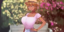 1girl accessories blush breasts brown_hair choker clenched_teeth dark_skin green_eyes hat large_breasts looking_at_viewer medium_hair nitrolith non-web_source original park shirt skirt solo teeth