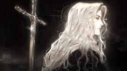 1boy alucard_(castlevania) ascot bishounen black_background bloom castlevania:_nocturne castlevania_(series) cross dhampir half-human halo highres long_hair male_focus nigelgraz pale_skin profile solo sparkle star_halo sword undead upper_body vampire weapon white_ascot white_hair yellow_eyes