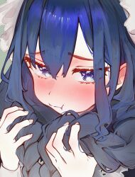 1girl blue_eyes blue_hair blush braid close-up closed_mouth hat highres hololive hololive_english long_hair looking_at_viewer mob_cap official_alternate_costume official_alternate_hairstyle ouro_kronii ouro_kronii_(maid) pout sauce_darusungi solo twin_braids virtual_youtuber
