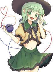 1girl :d black_bow black_hat blush bow buttons cropped_shirt diamond_button frilled_shirt frilled_shirt_collar frilled_skirt frilled_sleeves frills green_eyes green_hair green_sailor_collar green_skirt hat heart heart_of_string koishi_day komeiji_koishi looking_at_viewer midriff navel open_mouth pleated_skirt puffy_short_sleeves puffy_sleeves roudendayo sailor_collar shirt short_sleeves simple_background skirt smile third_eye touhou v white_background yellow_shirt