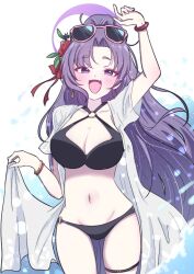 1girl :d bikini black_bikini blue_archive bracelet breasts cleavage collarbone earrings eyeshadow eyewear_on_head fang floating_earrings flower giorgio_(yo_sumire_sola1) hair_flower hair_ornament halo halterneck jewelry large_breasts lifting_own_clothes long_hair looking_at_viewer makeup navel o-ring o-ring_bikini official_alternate_costume open_mouth ponytail purple_eyes purple_hair purple_halo skin_fang skindentation smile solo stomach swimsuit thick_eyebrows thigh_strap yukari_(blue_archive) yukari_(swimsuit)_(blue_archive)