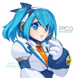 1girl android armor blue_bodysuit blue_eyes blue_hair bodysuit breasts chest_jewel dated english_text eyes_visible_through_hair gloves gradient_hair hair_between_eyes headgear headphones headset highres jewelry joints large_breasts looking_at_viewer mega_man_(series) mega_man_x_(series) mega_man_x_dive multicolored_hair navigator netnavi one_side_up open_mouth orange_blossoms(megaman) rico_(mega_man) robot_ears robot_girl robot_joints shirt short_hair side_ponytail simple_background solo twitter_username upper_body white_armor white_background white_gloves white_shirt