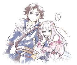 1boy 1girl arm_hug atelier_(series) atelier_lulua belt blue_coat blunt_bangs brown_belt brown_hair christoph_aurel_arland coat commentary_request cropped_torso elmerulia_frixell grey_hair hair_ornament heart heart_hair_ornament jacket karasumi_(aiseec) long_hair long_sleeves looking_at_another looking_at_viewer open_mouth pink_jacket sheath sheathed simple_background speech_bubble sword translation_request weapon white_background