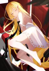 1girl absurdres bakemonogatari barefoot blonde_hair commentary_request dress falling_feathers feathers feet highres indoors long_hair lying monogatari_(series) on_side one_eye_closed oshino_shinobu pointy_ears solo toes very_long_hair voi_271 white_dress yellow_eyes