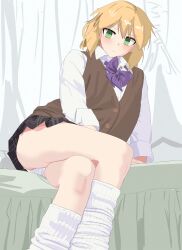1girl absurdres alternate_costume ass black_skirt blonde_hair blush bow bowtie brown_vest commentary_request contemporary crossed_legs doubutsu_koujou feet_out_of_frame green_eyes highres indoors looking_at_viewer loose_socks miniskirt mizuhashi_parsee panties purple_bow purple_bowtie school_uniform shirt short_hair sitting skirt socks solo touhou underwear vest white_panties white_shirt white_socks