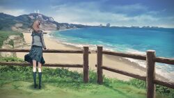 1girl against_fence aged_down beach black_ribbon black_stripes blazer blue_sailor_collar blue_skirt blue_sky blue_socks brown_hair chuo_tanegashima_high_school_uniform chuo_tanegashima_high_winter_school_uniform cliff clothes_lift day fence floating_clothes floating_hair fukuda_tomonori game_cg grass grey_jacket grey_shirt hair_ribbon high-waist_skirt highres island jacket kneehighs kneepits loafers long_sleeves miniskirt ocean official_art outdoors pleated_skirt ponytail ribbon robotics;notes sailor_collar scenery school_uniform senomiya_misaki shirt shoes skirt skirt_lift sky socks solo