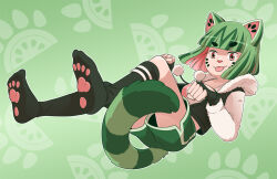 1girl :3 :p animal_ears asymmetrical_legwear blunt_bangs blunt_ends bob_cut breasts cat_ears cat_girl cat_nose cat_tail coat colored_inner_hair dolphin_shorts feet fingerless_gloves foreshortening full_body fur-trimmed_coat fur-trimmed_sleeves fur_trim gloves green_background green_coat green_hair green_shorts green_socks green_tail indie_virtual_youtuber leg_up legs_up looking_to_the_side mary_cagle medium_breasts midriff multicolored_hair nail_polish original patterned_background paw_pose paw_print_soles pink_hair pink_nails pink_sports_bra red_eyes short_hair shorts smile socks solo sports_bra tail tongue tongue_out two-tone_hair uneven_legwear virtual_youtuber