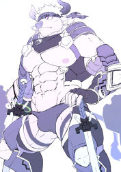 1boy abs animal_ears arm_armor armor bara bulge camouflage_headwear closed_mouth cow_ears cow_horns cow_tail cowboy_shot dual_wielding furry furry_male highres holding horns large_pectorals leg_armor male_focus male_swimwear minotaur monochrome muscular muscular_male navel nipples pectorals sakuhuu shennong_(housamo) short_hair simple_background solo standing swim_briefs sword tail thick_thighs thighs tokyo_houkago_summoners weapon white_background yin_yang yin_yang_print