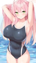 1girl absurdres armpits arms_up blue_archive blush breasts closed_mouth covered_navel enru green_eyes groin hanako_(blue_archive) highres large_breasts long_hair one-piece_swimsuit pink_hair smile solo swimsuit very_long_hair wading water wet