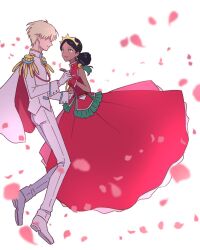 1boy 1girl aiguillette black_hair blonde_hair cape char_aznable commentary_request cosplay dark-skinned_female dark_skin dios dios_(cosplay) double_bun dress epaulettes falling_petals full_body gloves green_eyes gundam gundam_gquuuuuux hair_bun highres himemiya_anthy himemiya_anthy_(cosplay) holding_hands jacket lalah_sune long_sleeves midair pants petals red_dress shirouzu_(gundam) shoes short_hair sleeveless smile tiara uwawawaua white_gloves white_jacket white_pants