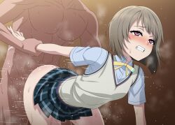 1boy 1girl arm_behind_back arm_held_back ass blush brown_hair clenched_teeth clothed_female_nude_male grabbing_another&#039;s_arm hetero highres love_live! love_live!_nijigasaki_high_school_idol_club muscular muscular_male nakasu_kasumi nijigasaki_school_uniform nude purple_eyes rough_sex school_uniform sex sex_from_behind short_hair sirano standing standing_sex sweat teeth
